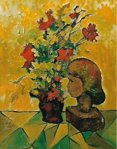 vaso di fiori con volto in terracotta